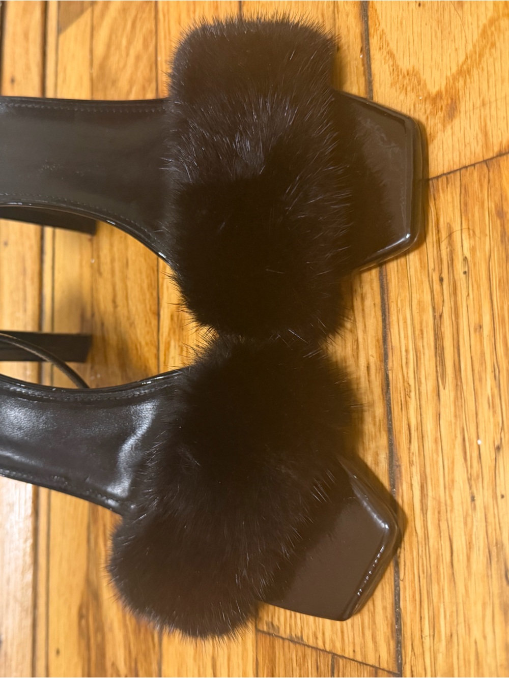 Saint Laurent Black Fur Ankle-Strap Heels - Picture 2 of 4